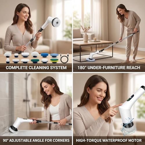 Cepillo Eléctrico Limpiador 9 en 1 con Mango Desmontable, 9 Cabezas Intercambiables y Pantalla LCD, Recargable para Dormitorio, Baño, Cocina y Auto - imagen 3