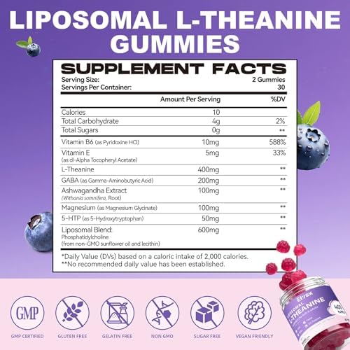 Gomitas Elysx Liposomal L-Theanine, 400mg de L-Theanina con GABA para Niños y Adultos, Alivio del Estrés, Relajación y Enfoque, Sabor Natural a - imagen 2