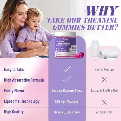 Gomitas Elysx Liposomal L-Theanine, 400mg de L-Theanina con GABA para Niños y Adultos, Alivio del Estrés, Relajación y Enfoque, Sabor Natural a - imagen 6