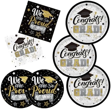 Decoraciones de Graduación 2026 en Negro y Dorado con Platos Desechables y Servilletas para 48 Invitados - Suministros para Fiesta de Graduación - imagen 1