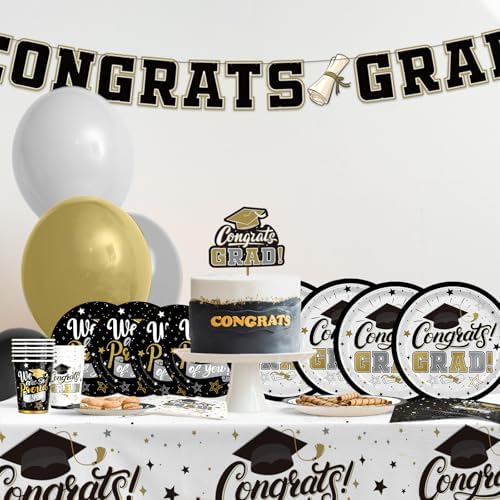Decoraciones de Graduación 2026 en Negro y Dorado con Platos Desechables y Servilletas para 48 Invitados - Suministros para Fiesta de Graduación - imagen 3