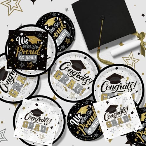 Decoraciones de Graduación 2026 en Negro y Dorado con Platos Desechables y Servilletas para 48 Invitados - Suministros para Fiesta de Graduación - imagen 4