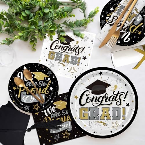 Decoraciones de Graduación 2026 en Negro y Dorado con Platos Desechables y Servilletas para 48 Invitados - Suministros para Fiesta de Graduación - imagen 5