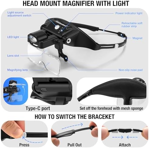 Lupa Dilzekui con Luz 1X-4X, Lentes Magnificadores Recargables con Cabeza Magnética, 6 Lentes Desmontables, Modos de Luz Cálida y Fría para - imagen 2