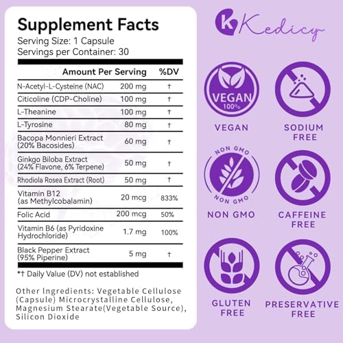 Suplementos para la Memoria y Concentración, 11 en 1 con NAC, B12, L-Theanina, Bacopa Monnieri y Más - Vegano, 30 Cápsulas (30 Porciones) - imagen 2