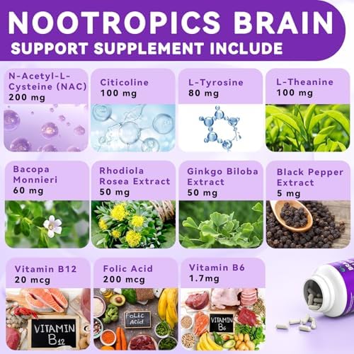 Suplementos para la Memoria y Concentración, 11 en 1 con NAC, B12, L-Theanina, Bacopa Monnieri y Más - Vegano, 30 Cápsulas (30 Porciones) - imagen 4
