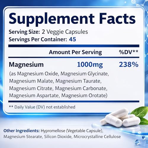 Suplemento Nurex Complejo de Magnesio para Mujeres y Hombres | 1000mg de Máxima Absorción | 8 Formas de Magnesio Incluyendo Glicinato, Citrato, - imagen 2