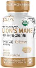 Suplemento de Leones Mane Nutri Organic en Cápsulas - 1900 mg, Extracción Dual 10:1, 120 Contenidos - Extracto de Hongo Orgánico Certificado - Apoyo - imagen 1