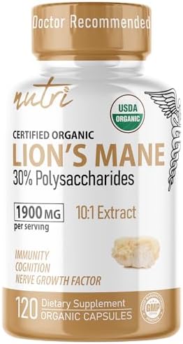 Suplemento de Leones Mane Nutri Organic en Cápsulas - 1900 mg, Extracción Dual 10:1, 120 Contenidos - Extracto de Hongo Orgánico Certificado - Apoyo - imagen 1