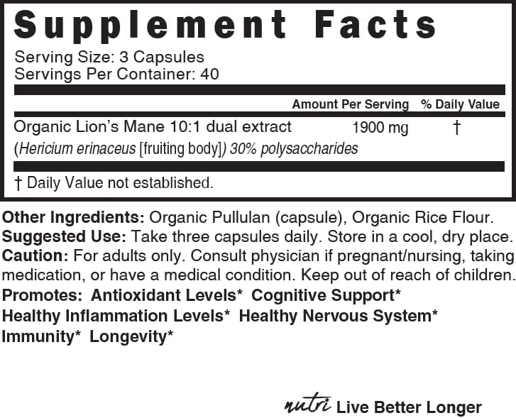 Suplemento de Leones Mane Nutri Organic en Cápsulas - 1900 mg, Extracción Dual 10:1, 120 Contenidos - Extracto de Hongo Orgánico Certificado - Apoyo - imagen 4