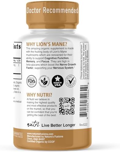 Suplemento de Leones Mane Nutri Organic en Cápsulas - 1900 mg, Extracción Dual 10:1, 120 Contenidos - Extracto de Hongo Orgánico Certificado - Apoyo - imagen 5