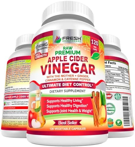 Cápsulas de Vinagre de Sidra de Manzana FRESH HEALTHCARE con La Madre, 1740mg, con Canela de Ceilán, Jengibre y Cayena, Suplemento Vegano Sin Gluten, - imagen 1