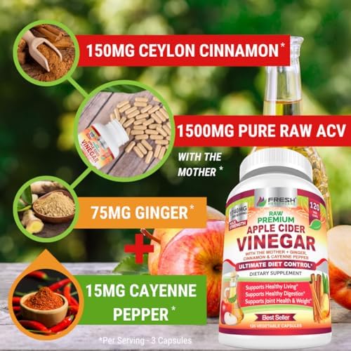 Cápsulas de Vinagre de Sidra de Manzana FRESH HEALTHCARE con La Madre, 1740mg, con Canela de Ceilán, Jengibre y Cayena, Suplemento Vegano Sin Gluten, - imagen 3