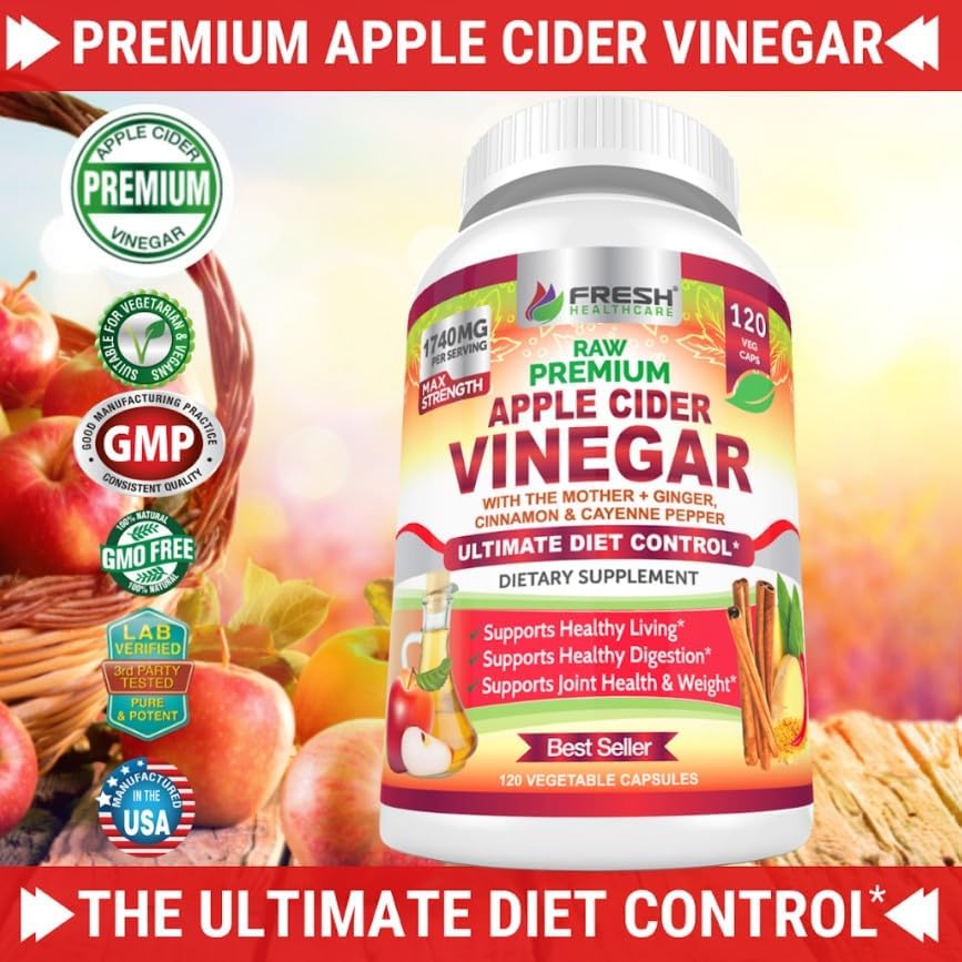 Cápsulas de Vinagre de Sidra de Manzana FRESH HEALTHCARE con La Madre, 1740mg, con Canela de Ceilán, Jengibre y Cayena, Suplemento Vegano Sin Gluten, - imagen 4