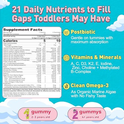 Gomitas Multivitamínicas Orgánicas para Niños (2-3 años) | Omega-3 (DHA/EPA), Postbióticos, A C D3 K2 Methyl B12 Folato Zinc | 60 piezas, Sin Azúcar - imagen 2