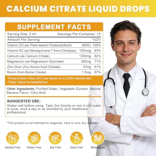 Suplemento Líquido de Citrato de Calcio 1200mg con Vitamina D3 para Hombres y Mujeres - Calcio, Magnesio, Zinc, D3 y K2 para Huesos, Dientes e - imagen 2