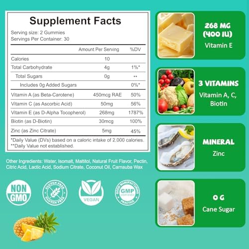 Gomitas de Vitamina E 400 IU PYUNAFIT para Mujeres, Suplemento Masticable con VIT A, C, Biotina, Zinc, Antioxidante Potente, Salud de Piel y Cabello, - imagen 2