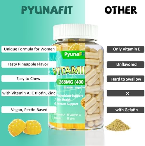 Gomitas de Vitamina E 400 IU PYUNAFIT para Mujeres, Suplemento Masticable con VIT A, C, Biotina, Zinc, Antioxidante Potente, Salud de Piel y Cabello, - imagen 6