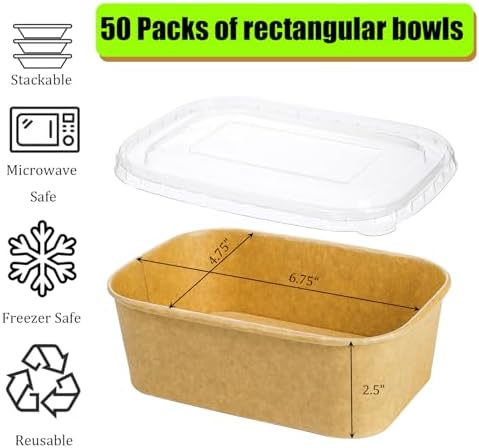 Tazón Rectangular Kraft Compostable Yesland de 50 Piezas, 25 Oz, Apto para Microondas y Congelador, Ideal para Comida para Llevar, Almuerzo de - imagen 2