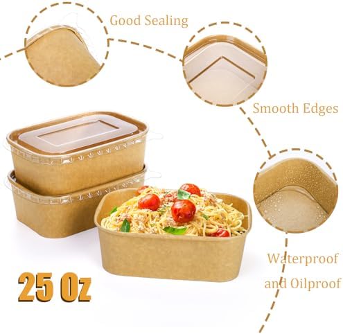 Tazón Rectangular Kraft Compostable Yesland de 50 Piezas, 25 Oz, Apto para Microondas y Congelador, Ideal para Comida para Llevar, Almuerzo de - imagen 3