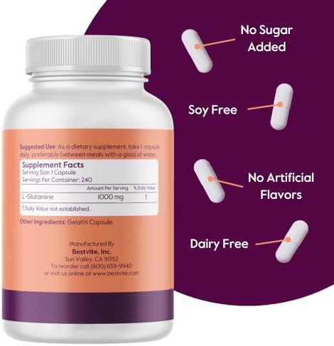 BESTVITE L-Glutamina 1000mg por Cápsula (240 Cápsulas) - Suplemento Puro, Sin Rellenos, Sin Gluten, No GMO, Máxima Potencia - imagen 4