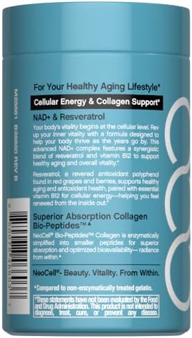 Suplemento NeoCell NAD+ Resveratrol con Multi Colágeno Bio-Péptidos | 1,000mg | 60 Cápsulas | Apoya el Envejecimiento Saludable y la Energía Celular - imagen 3