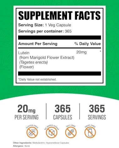 Cápsulas de Luteína BulkSupplements.com - Vitaminas para los Ojos, Antioxidante - Sin Gluten, 20mg por Cápsula, 365 Contenido (Paquete de 1) - imagen 2