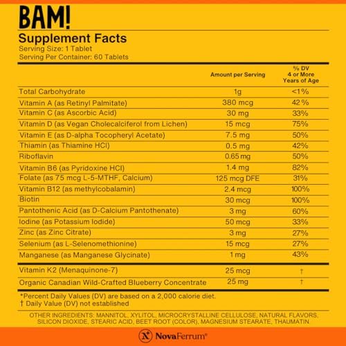 NovaFerrum BAM Multivitamínico Masticable para Niños y Adultos a Partir de 4 Años - Sabor Frutas - 60 Tabletas Masticables con Vitaminas A, C, D, E, - imagen 3