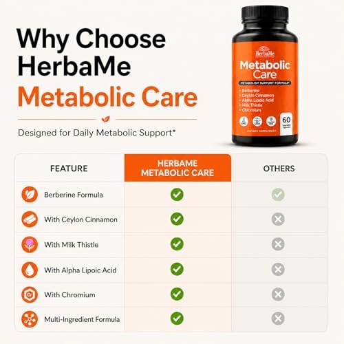 Suplemento de Berberina HerbaMe con Canela de Ceilán, Cromo y Ácido Alfa Lipoico, Cuida el Metabolismo, Salud Cardiovascular y Sistema Inmunológico, - imagen 4
