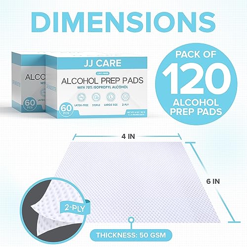 JJ CARE Toallitas de Alcohol Grandes [Paquete de 120], 4 x 6 Toallitas Estériles Envase Individual, 70% Alcohol Isopropílico, 2 Capas, Perfectas para - imagen 3