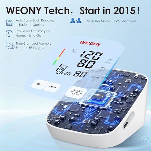 Monitores de Presión Arterial WEONY para Uso en Casa, Manguito Ajustable 9-17in, 2 * 99 Memorias, Máquina Digital Automática con USB - imagen 2