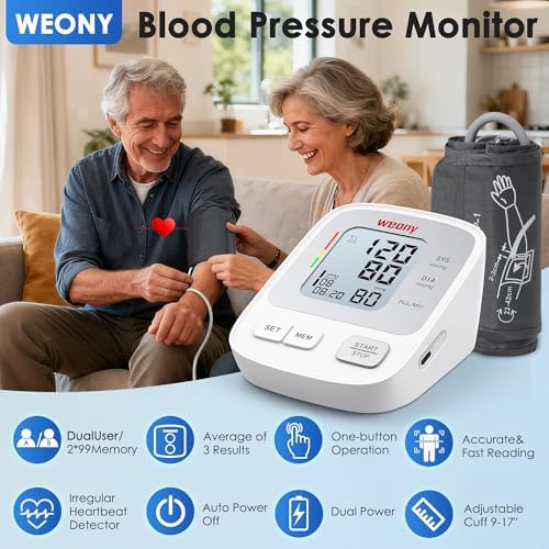 Monitores de Presión Arterial WEONY para Uso en Casa, Manguito Ajustable 9-17in, 2 * 99 Memorias, Máquina Digital Automática con USB - imagen 7