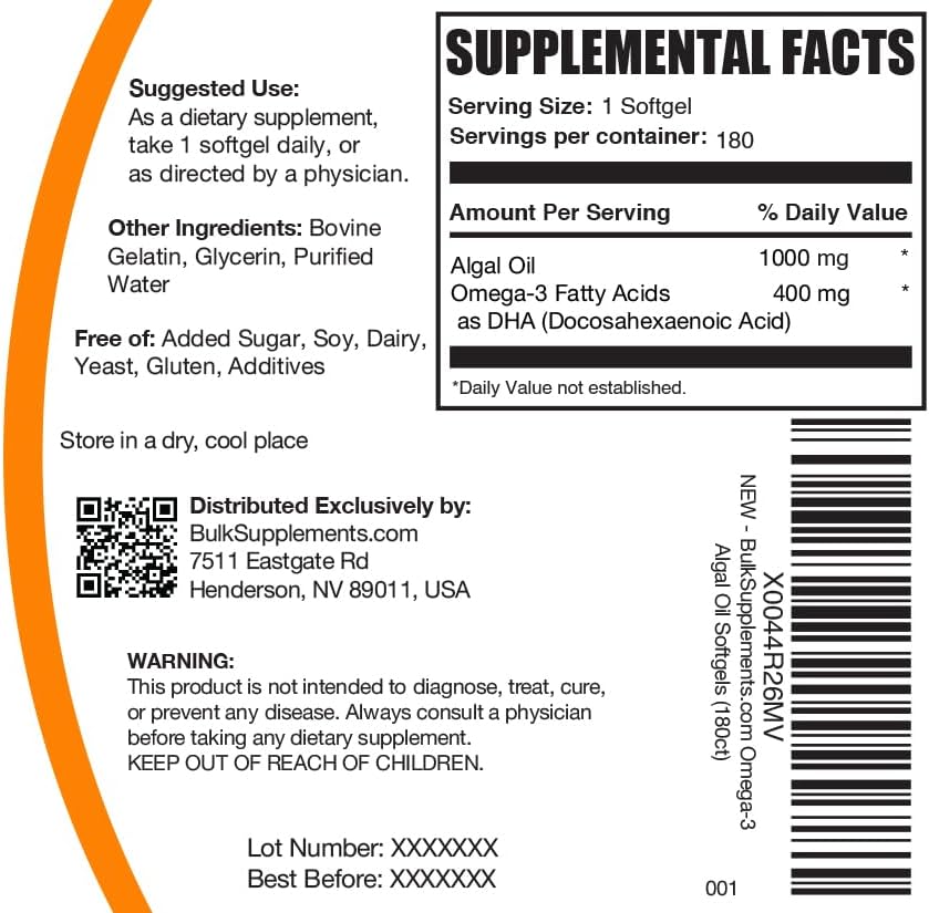 Omega-3 Softgels BulkSupplements.com - Suplemento de Aceite de Algas, Libre de Gluten, 1 Softgel por Porción, 180 Controles (Paquete de 1) - imagen 6