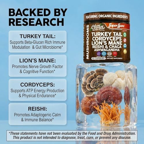 Suplemento de Hongos Orgánicos Turkey Tail en Cápsulas | Lions Mane, Cordyceps, Reishi, Chaga + Ashwagandha para Alivio del Estrés y Soporte - imagen 3