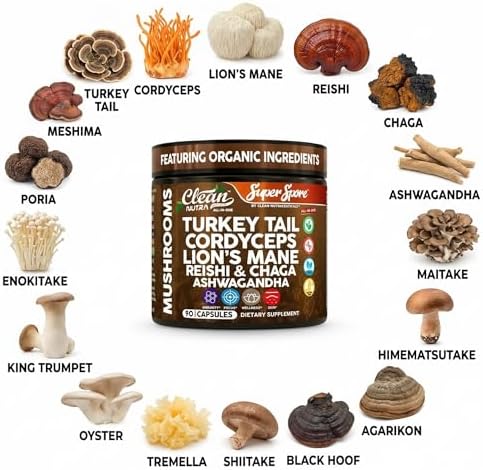 Suplemento de Hongos Orgánicos Turkey Tail en Cápsulas | Lions Mane, Cordyceps, Reishi, Chaga + Ashwagandha para Alivio del Estrés y Soporte - imagen 4