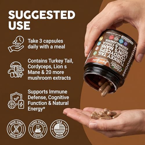 Suplemento de Hongos Orgánicos Turkey Tail en Cápsulas | Lions Mane, Cordyceps, Reishi, Chaga + Ashwagandha para Alivio del Estrés y Soporte - imagen 6
