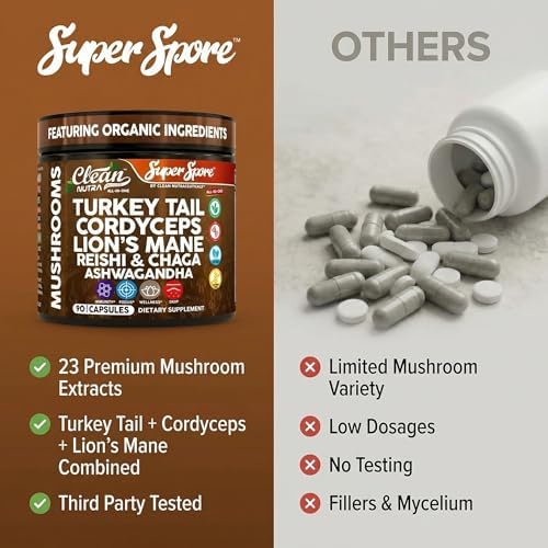 Suplemento de Hongos Orgánicos Turkey Tail en Cápsulas | Lions Mane, Cordyceps, Reishi, Chaga + Ashwagandha para Alivio del Estrés y Soporte - imagen 7