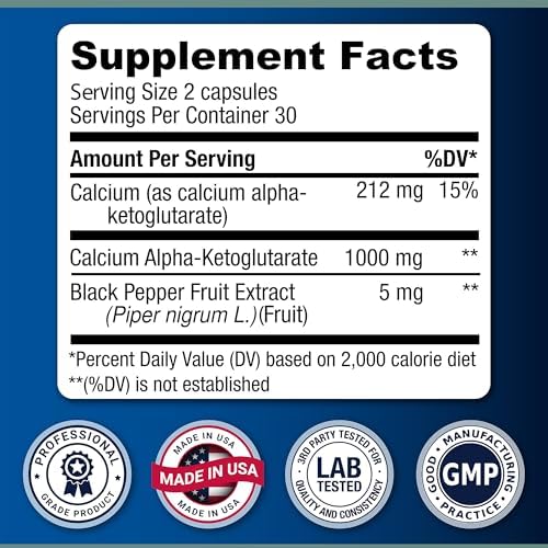 Suplemento de Calcio Alpha-Ketoglutarato de LongJuvity - Liberación Prolongada (1,000mg por Porción) - Salud Digestiva, Ósea, Antienvejecimiento y - imagen 3