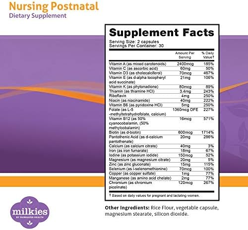 Suplemento Postnatal Vegetariano Milkies Fairhaven Health para Mujeres Lactantes con Vitamina D y B - Multivitamínico Nutritivo para Leche Materna - - imagen 2