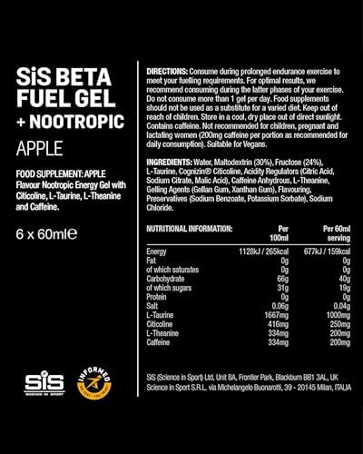 Science in Sport BETA Fuel + Nootrópicos - Gel Energético Nootrópico - 40g de Carbohidratos - Sabor Manzana - Paquete de 6 Unidades - imagen 2