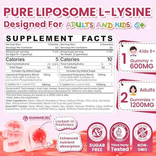 Gomitas de L-Lisina Liposomal 1200mg | Alta Absorción para Inmunidad y Piel | Suplemento Vegano para Adultos y Niños | Salud Oral, Ósea y Colágeno | - imagen 2