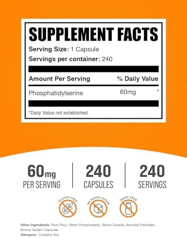 Cápsulas de Fosfatidilserina BulkSupplements.com - Suplemento de Fosfatidilserina - Libre de Gluten, 1 Cápsula por Porción (60mg), 240 Cápsulas - imagen 2