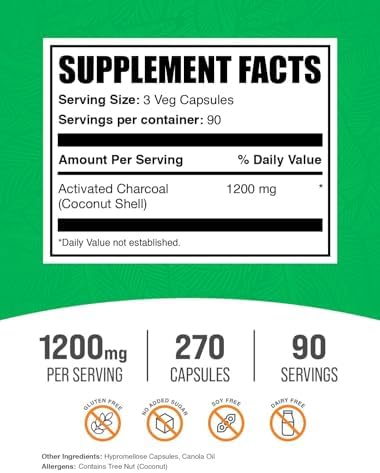 Cápsulas de Carbón Activado BulkSupplements.com - Suplemento Vegano y Sin Gluten, 3 Cápsulas por Porción (1200mg), 270 Contenidos (Paquete de 1) - imagen 2