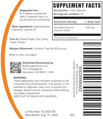 Cápsulas de Carbón Activado BulkSupplements.com - Suplemento Vegano y Sin Gluten, 3 Cápsulas por Porción (1200mg), 270 Contenidos (Paquete de 1) - imagen 6