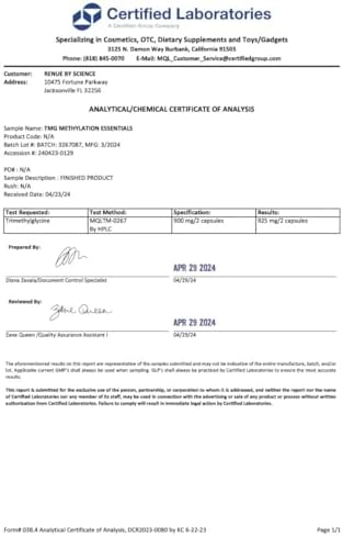 Renue By Science TMG | Suplementos de TMG de Alta Potencia | 120 Cápsulas de Trimetilglicina - 900mg por Porción con Vitamina B12, B6, Folato y Zinc - imagen 4