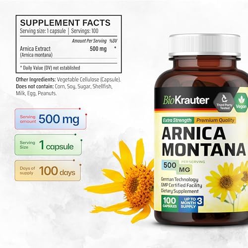 BIO KRAUTER® Arnica Montana para Contusiones e Inflamaciones - Suplemento Vegano y Puro en Cápsulas de 500 mg - 100 Cápsulas - Sin Rellenos, No - imagen 4