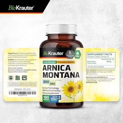 BIO KRAUTER® Arnica Montana para Contusiones e Inflamaciones - Suplemento Vegano y Puro en Cápsulas de 500 mg - 100 Cápsulas - Sin Rellenos, No - imagen 7