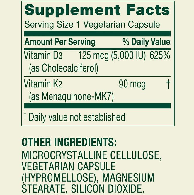 Vitamin K2 + D3 • 5000 UI D3 + Vitamina K2 • Soporte para Huesos, Corazón e Inmunidad • 90 Cápsulas Vegetarianas • No GMO por Spring Valley + - imagen 3