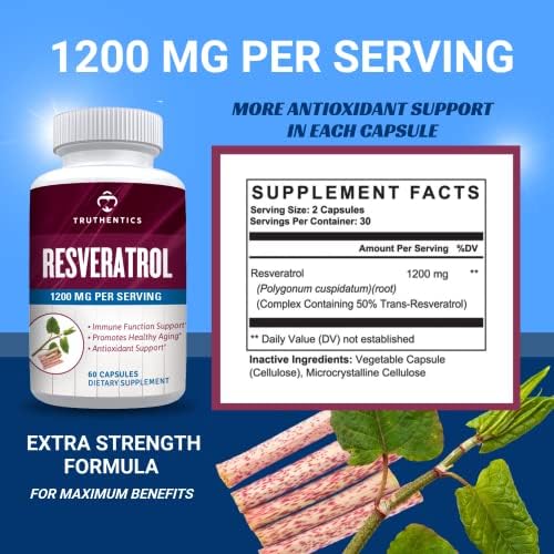 Suplemento de Resveratrol TRUTHENTICS 1200mg - Cápsulas de raíz de Polygonum Cuspidatum - Alta Potencia para el Envejecimiento Saludable, Piel - imagen 2