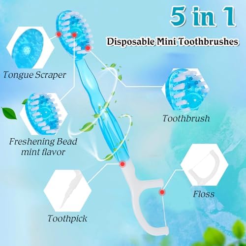 Cepillos de Dientes Desechables AOZUO 50 Piezas, Mini Viaje Envuelto Individualmente, 5 en 1 con Pasta, Hilo, Pua y Raspador de Lengua, Coolmint - imagen 3